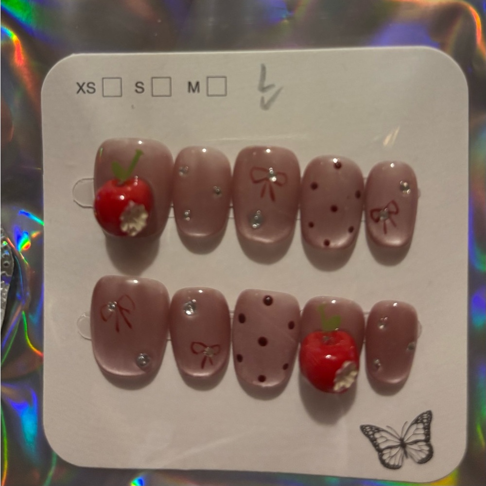 Cute Pink Nail Set with Cherry Design